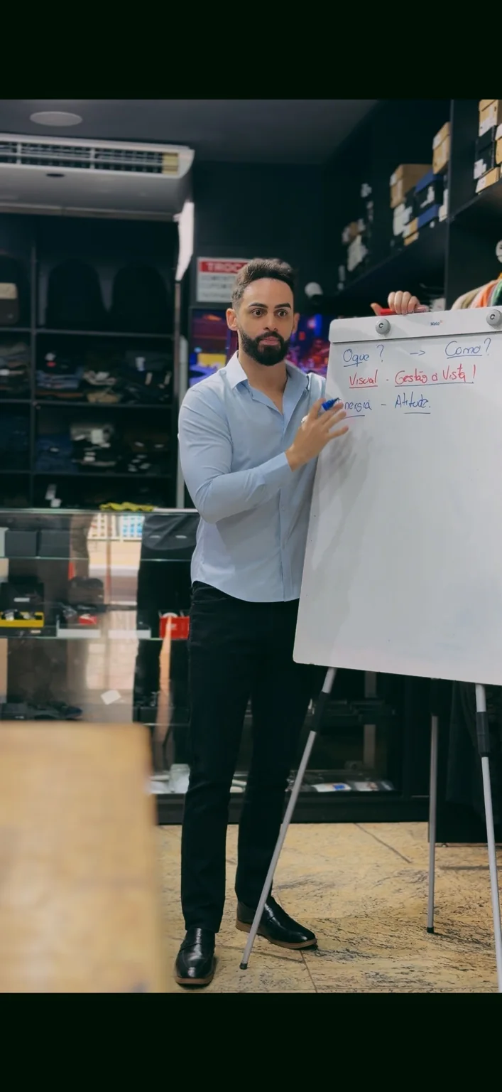 Iverson Alves apresentando um método de gestão e vendas com apoio de flip chart durante atividade corporativa.